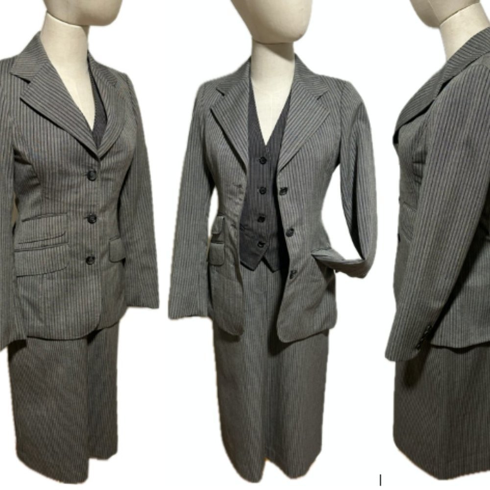 70s 3 PC SUIT GRAY PINSTRIPE SKIRT, VEST, BLAZER BY FOX RUN BY LITTLE FOXES INTL
